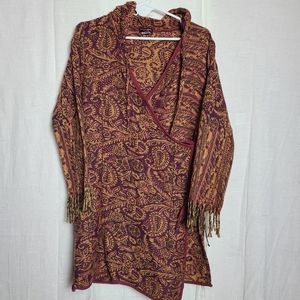 Serendipity London Wrap Fringe Tunic Orange Pink Wool Paisley Long Sleeves